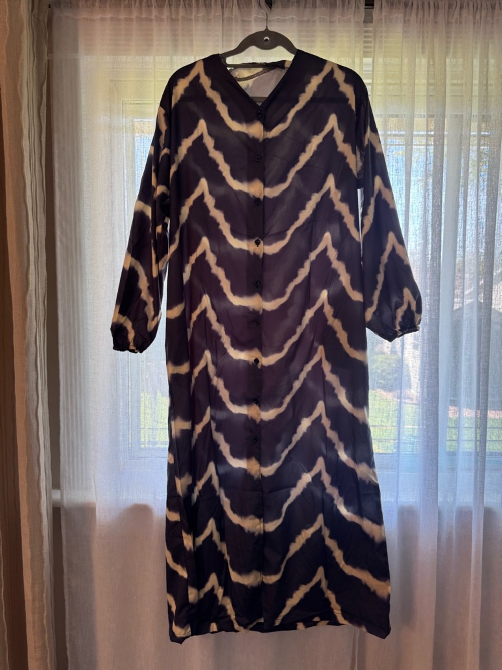 Tie-Dye Chevron Maxi Shirt Dress in Black and Cream